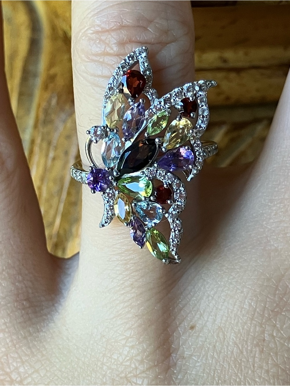 Natural Multi Gemstone Butterfly Ring Size 6.75